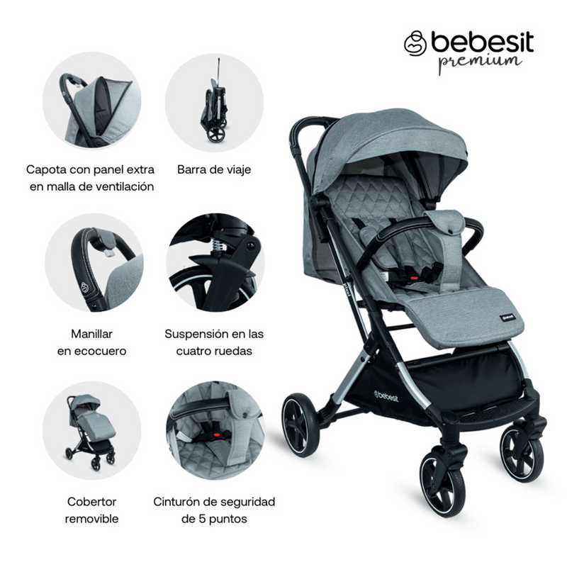 COCHE TRAVEL SYSTEM COMPACTO PIXEL JTS602 BEBESIT GRIS -