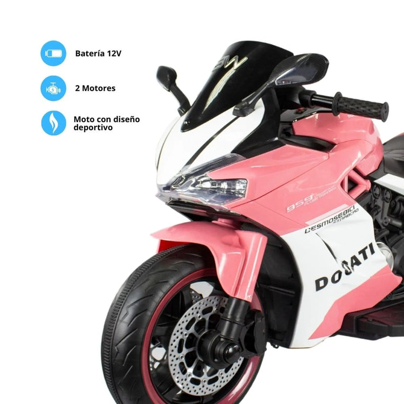 MOTO TIPO DUCATI GRAN TURISMO ¡ESTILO Y DIVERSIÓN PARA LOS PEQUEÑOS AVENTUREROS! ROSADO