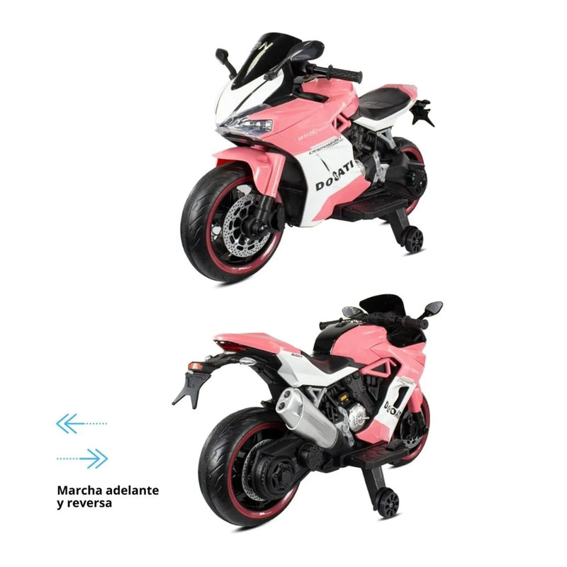 MOTO TIPO DUCATI GRAN TURISMO ¡ESTILO Y DIVERSIÓN PARA LOS PEQUEÑOS AVENTUREROS! ROSADO