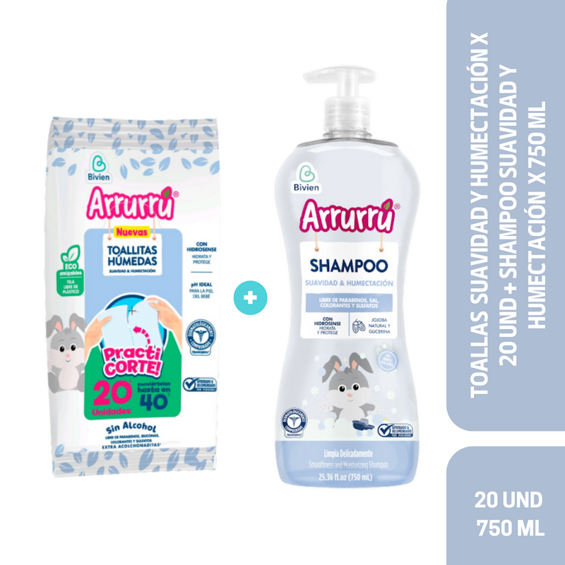 SHAMPOO SUAVIDAD Y HUMECTACIÓN X 750 + TOALLAS HUMEDAS X20 AAB322 ARRURÚ